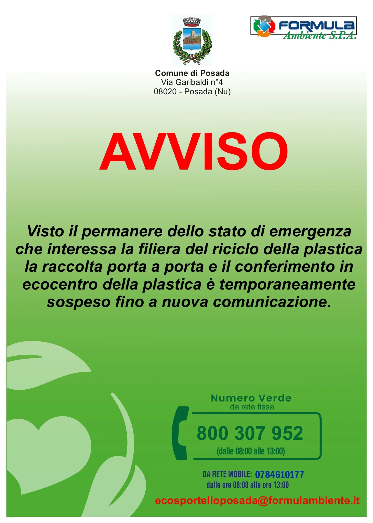 AVVISO TEMPORANEA SOSPENSIONE RACCOLTA PLASTICA