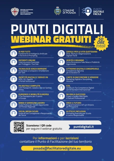 Webinar gratuiti – Punto di facilitazione digitale Comune di POSADA 50 ore di formazione online asincrona