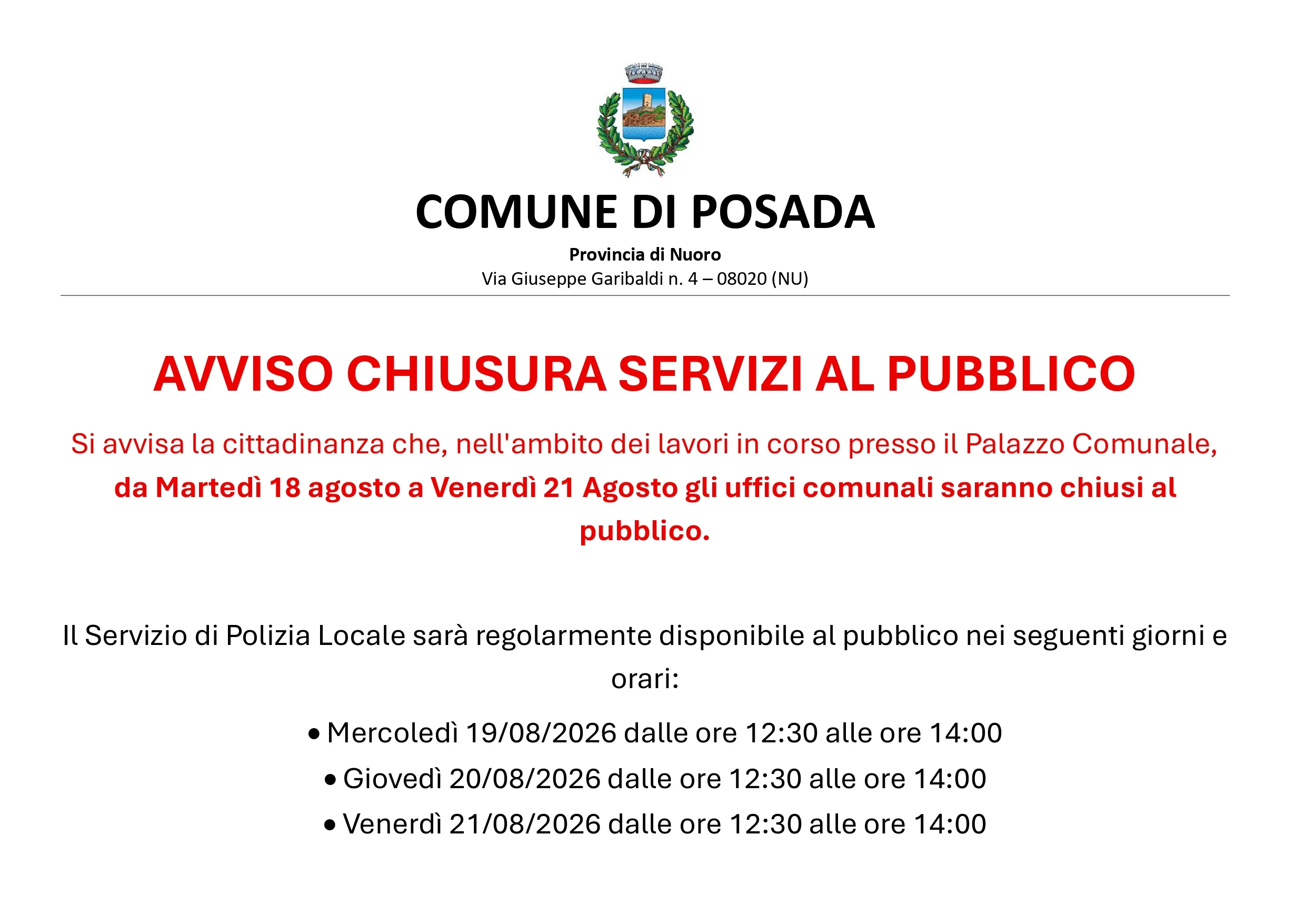 Avviso chiusura servizi al pubblico