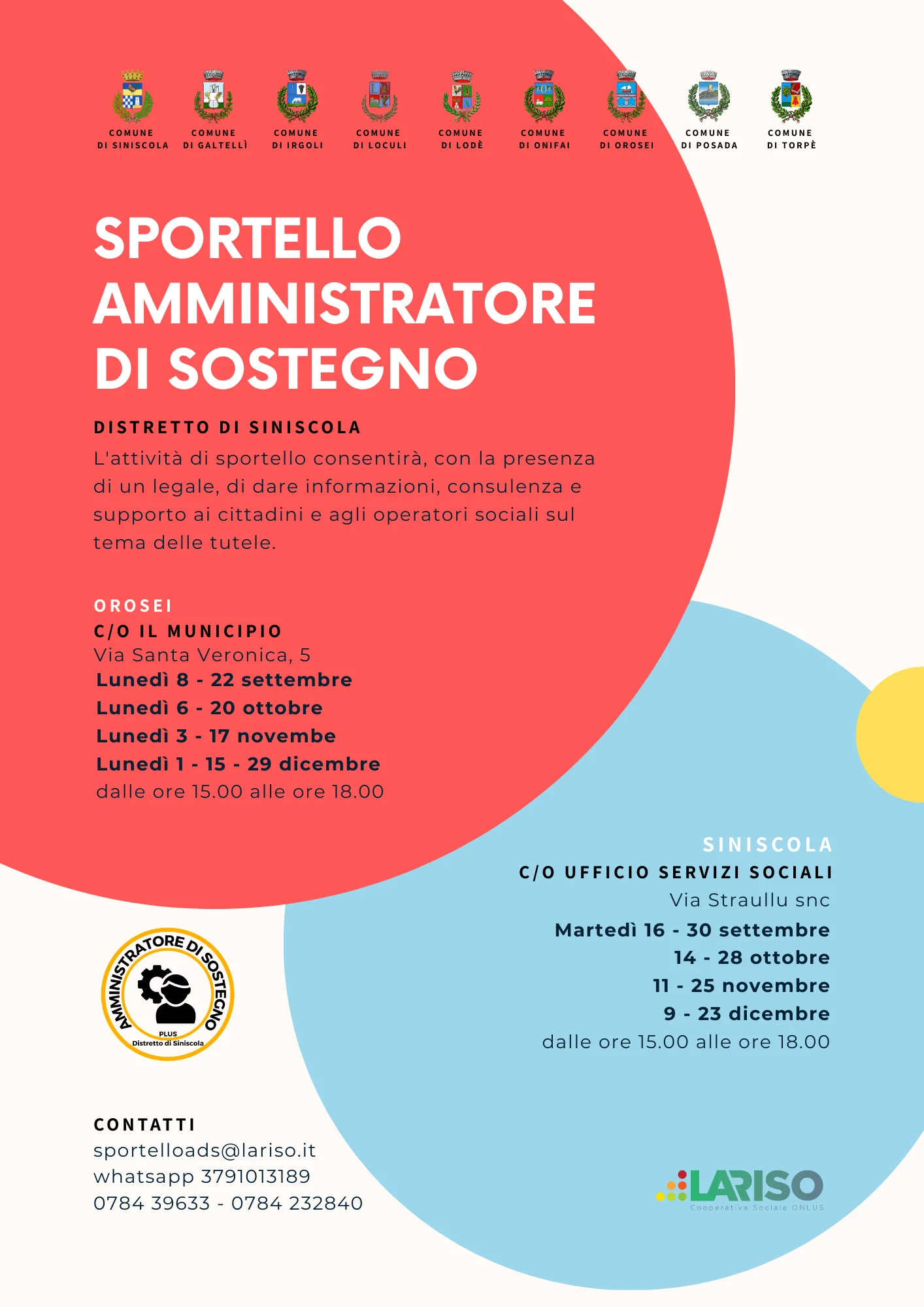 Prosecuzione attività di sportello _ Plus Siniscola _ 'Interventi per la promozione e la valorizzazione dell’Amministratore di Sostegno a tutela dei soggetti deboli” (L.R. 24/2018).