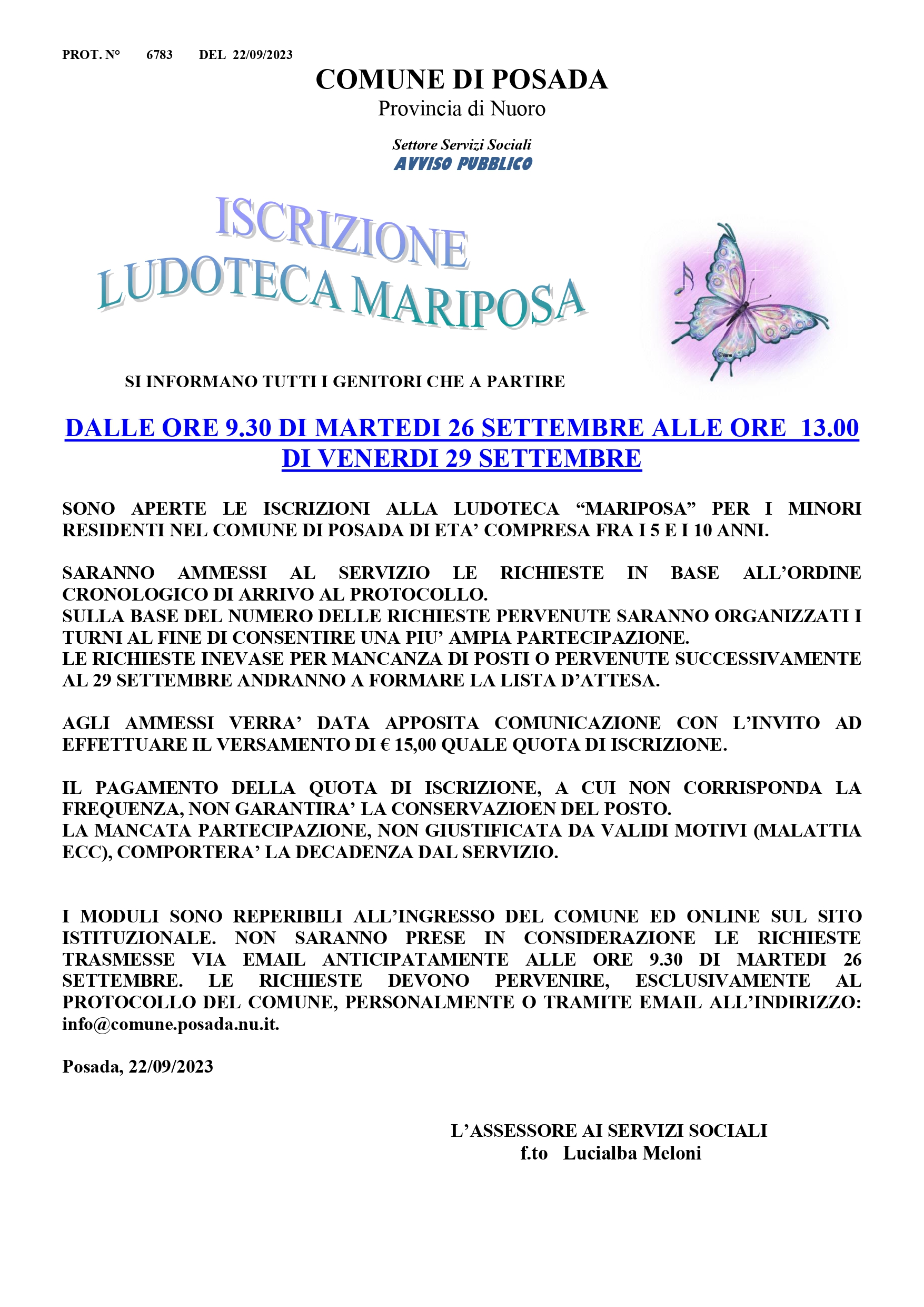 AVVISO ISCRIZIONI LUDOTECA MARIPOSA