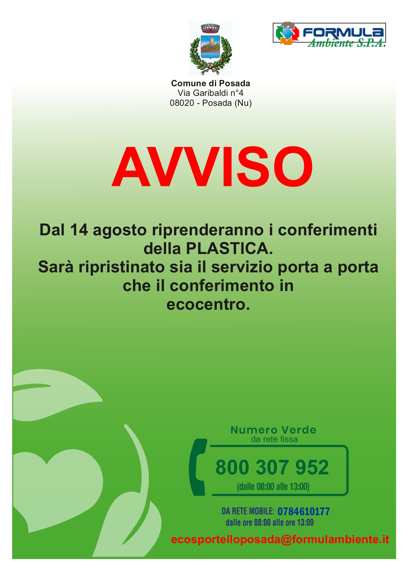 AVVISO ripristino servizio RACCOLTA PLASTICA porta a porta o conferimento in ecocentro.