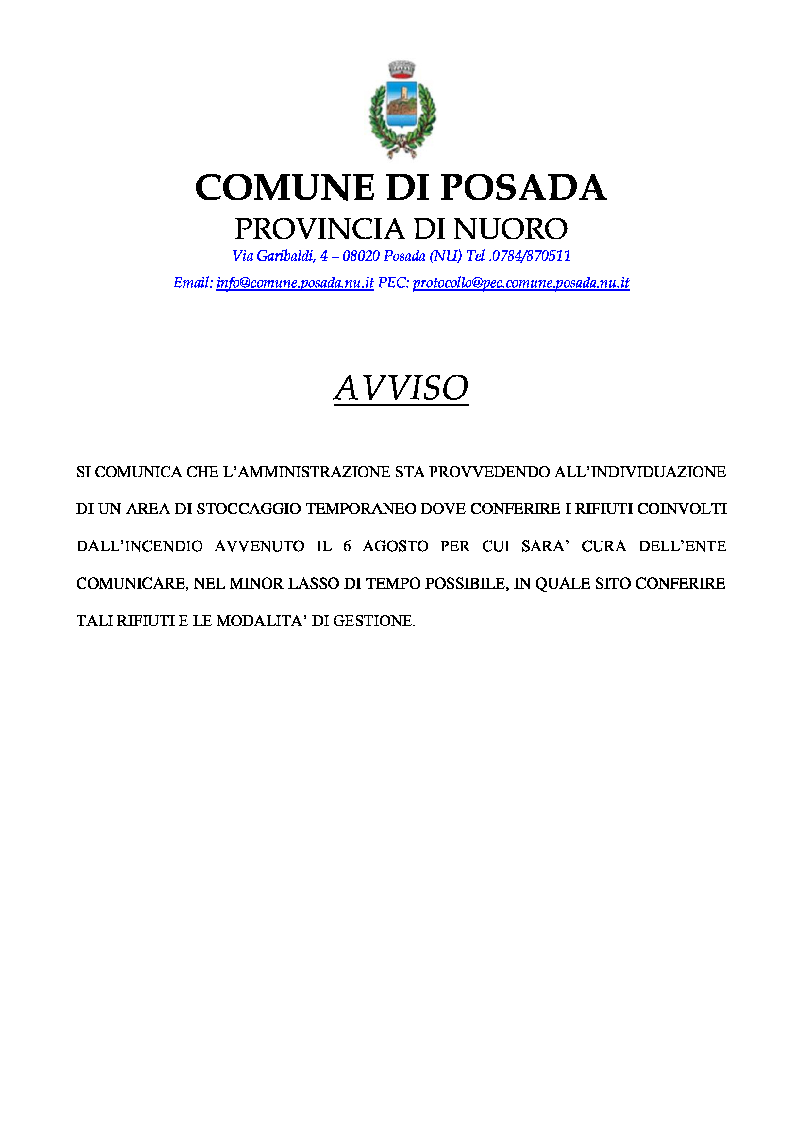 AVVISO INDIVIDUAZIONE AREA DI STOCCAGGIO TEMPORANEO RIFIUTI INCENDIO del 06.08.2023