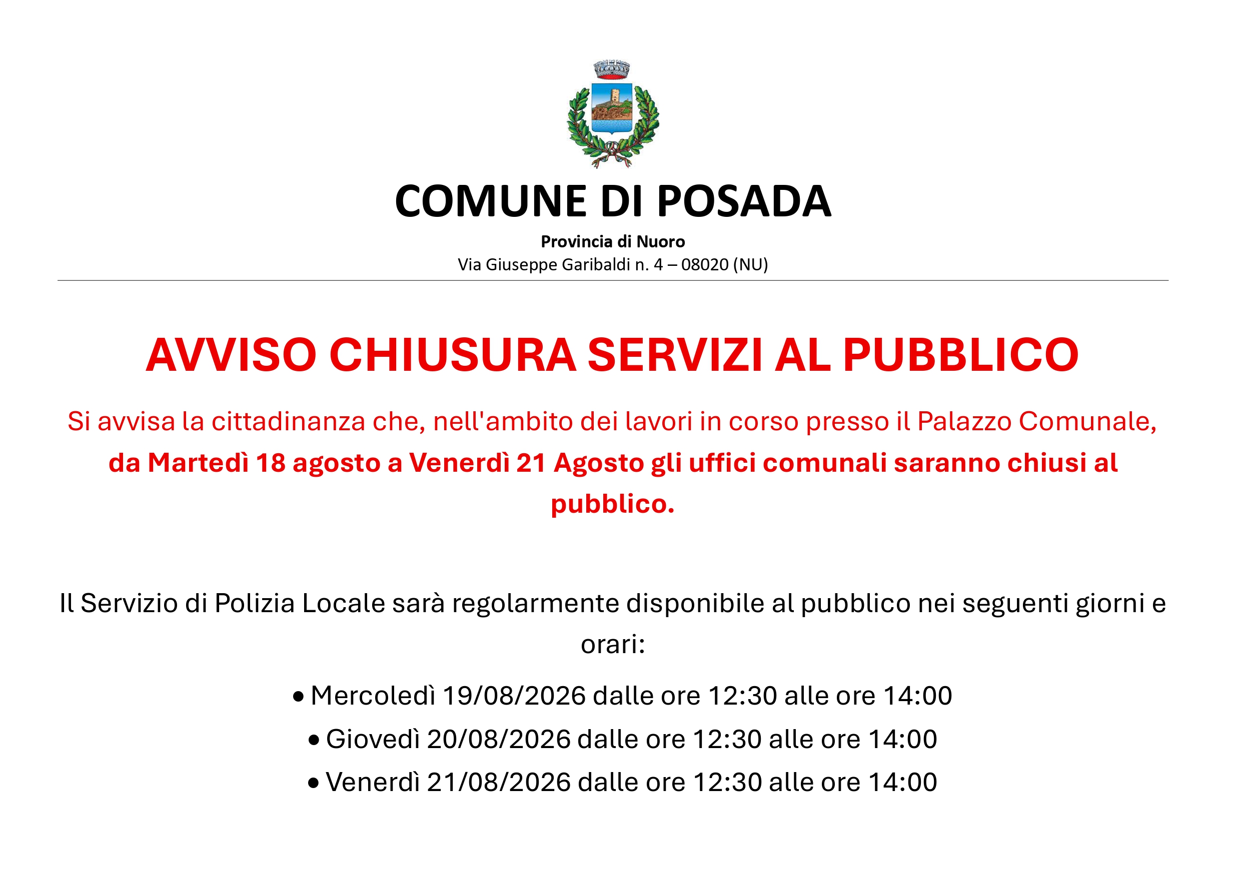 AVVISO CHIUSURA SERVIZI AL PUBBLICO