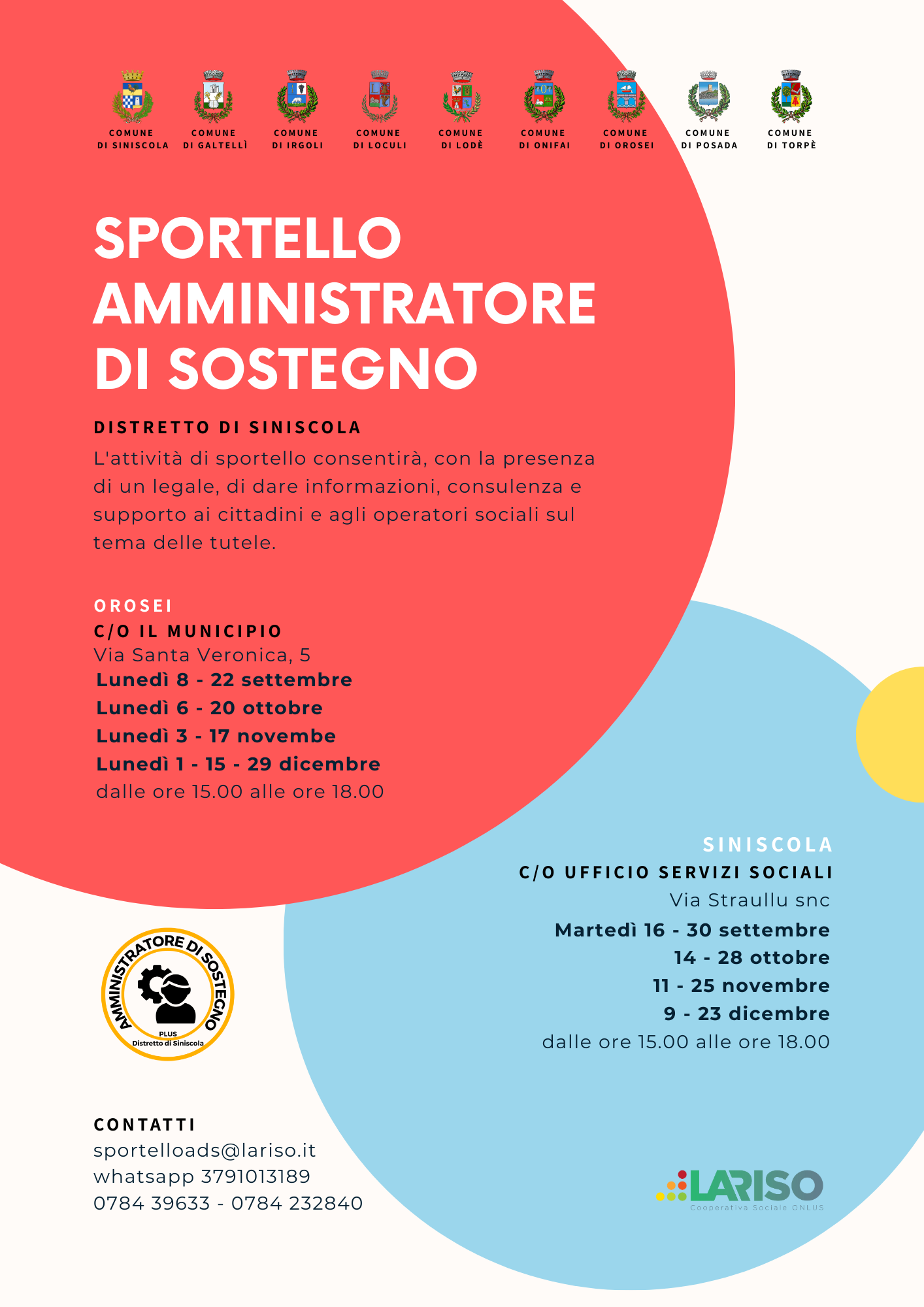 Prosecuzione attività di sportello _ Plus Siniscola _ 'Interventi per la promozione e la valorizzazione dell’Amministratore di Sostegno a tutela dei soggetti deboli” (L.R. 24/2018).